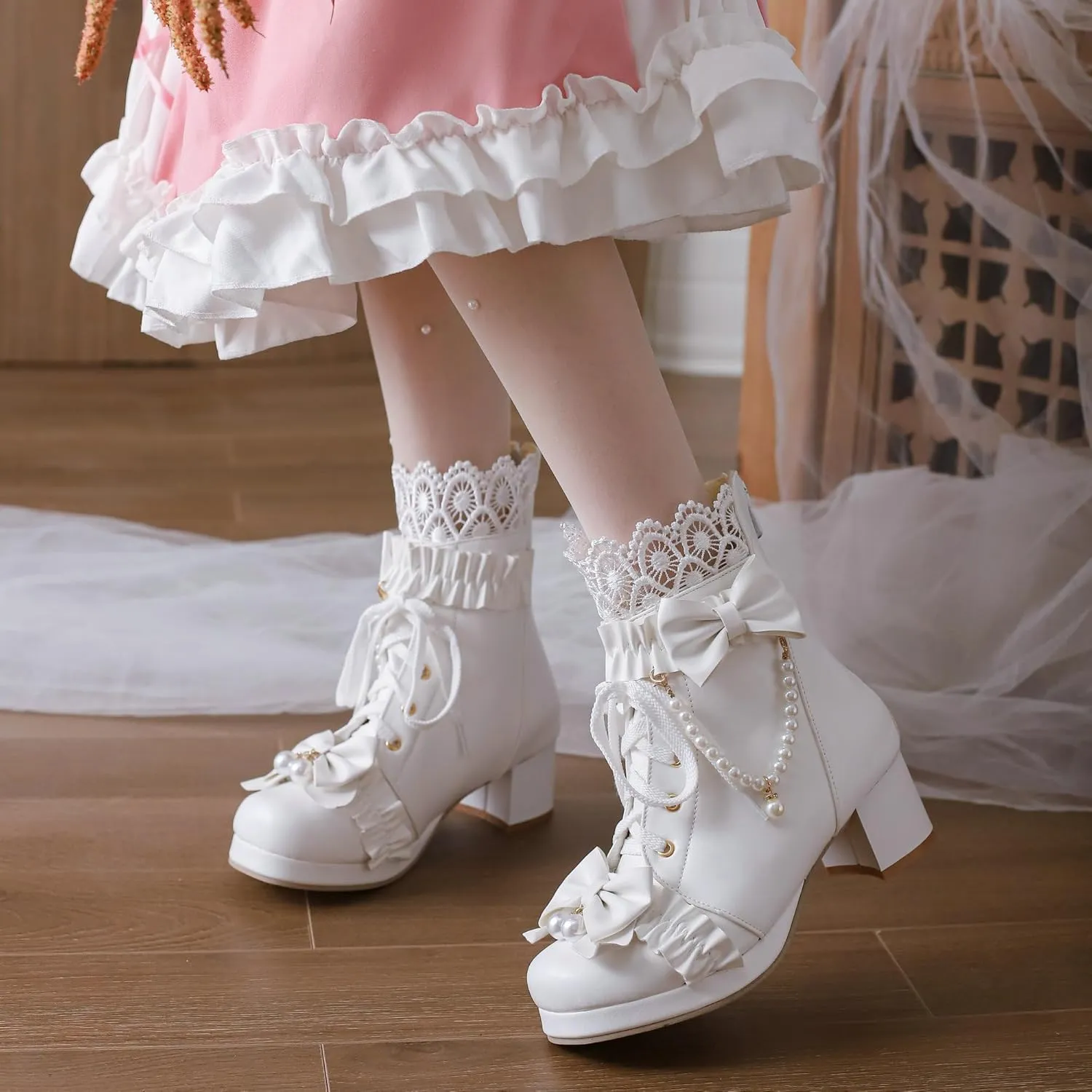 Parisuit Womens Cute Pearl Bow Goth Lolita Boots Chunky Heel Ankle Boots Platform Lace Up Booties Sweet Lace Cosplay Shoes