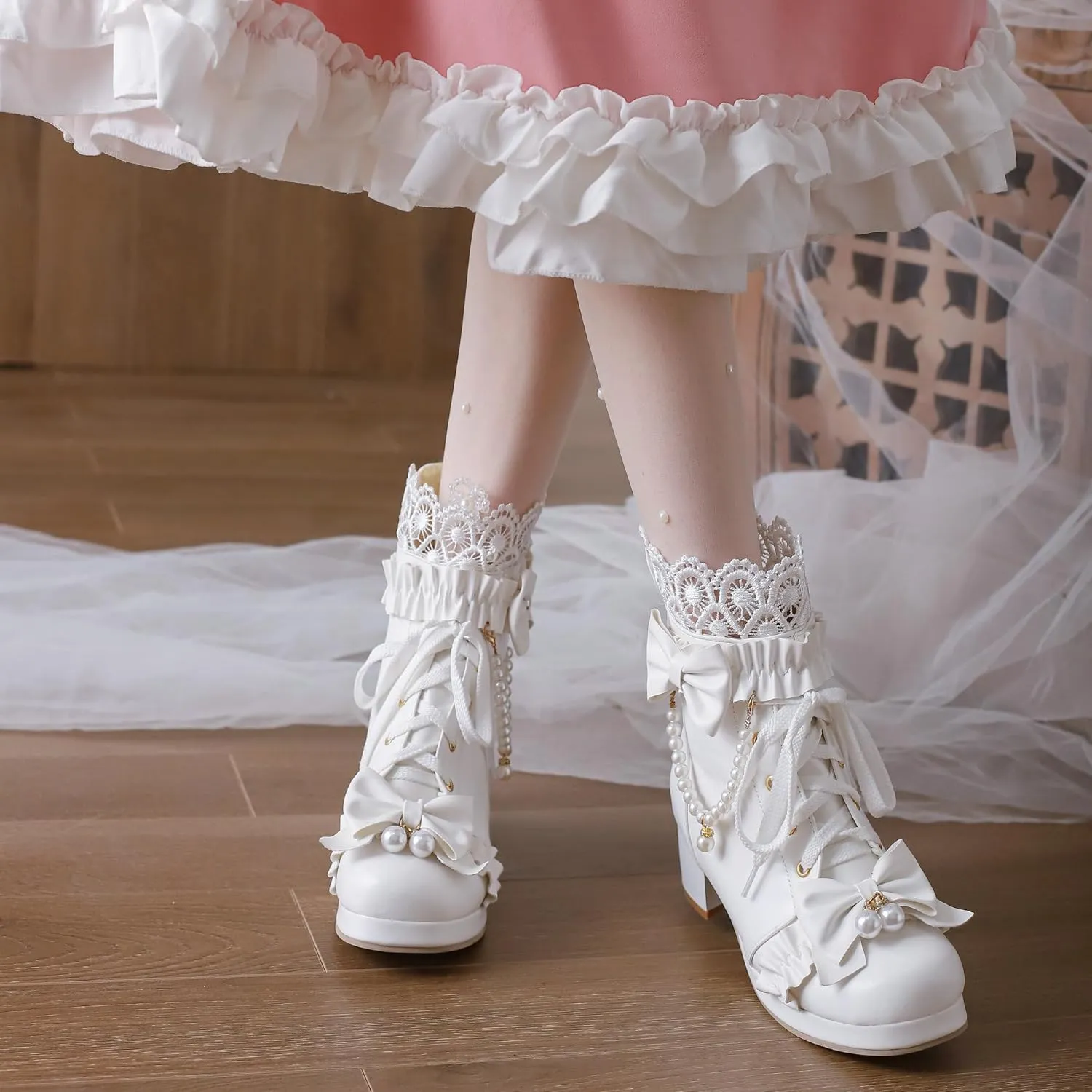 Parisuit Womens Cute Pearl Bow Goth Lolita Boots Chunky Heel Ankle Boots Platform Lace Up Booties Sweet Lace Cosplay Shoes