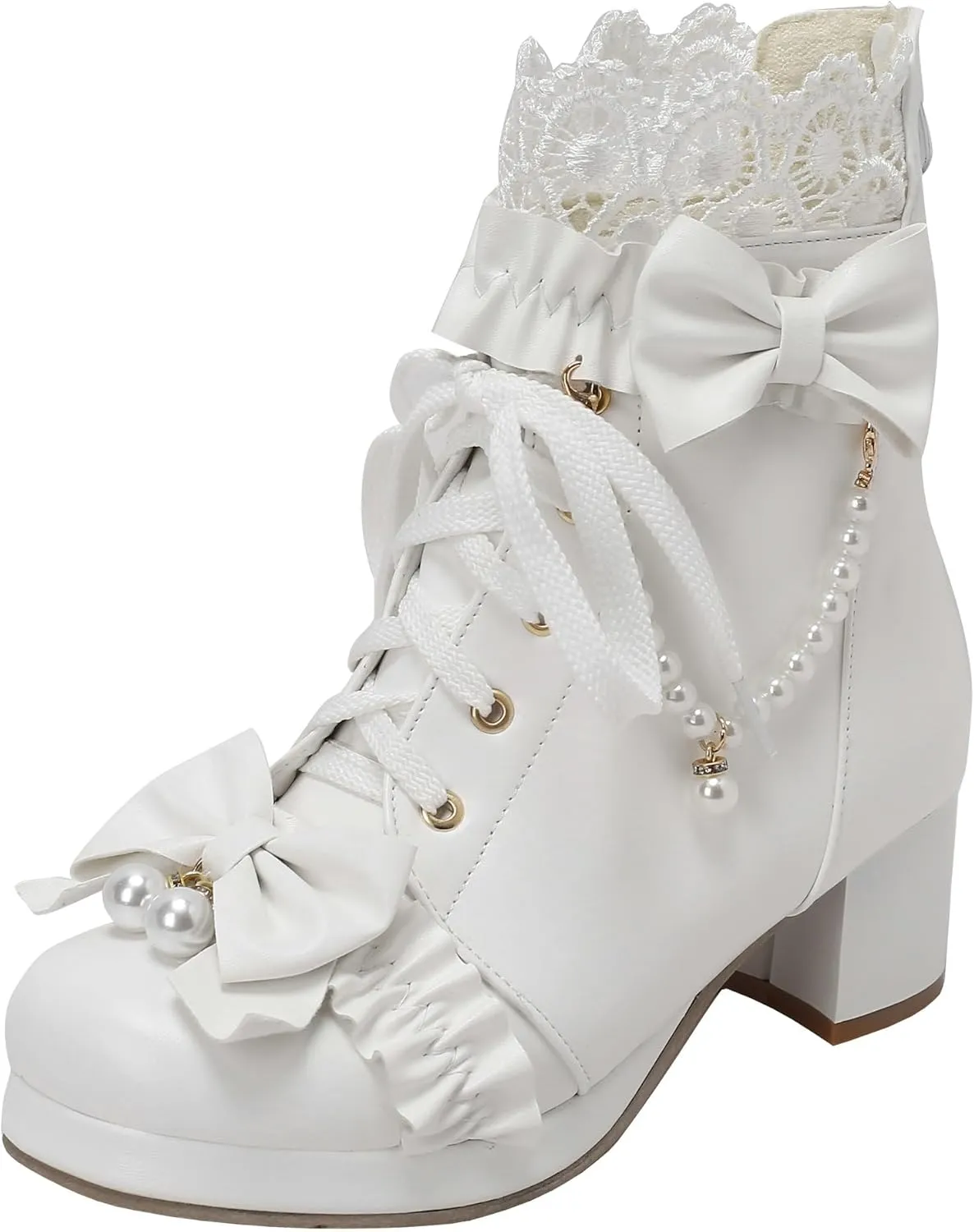 Parisuit Womens Cute Pearl Bow Goth Lolita Boots Chunky Heel Ankle Boots Platform Lace Up Booties Sweet Lace Cosplay Shoes