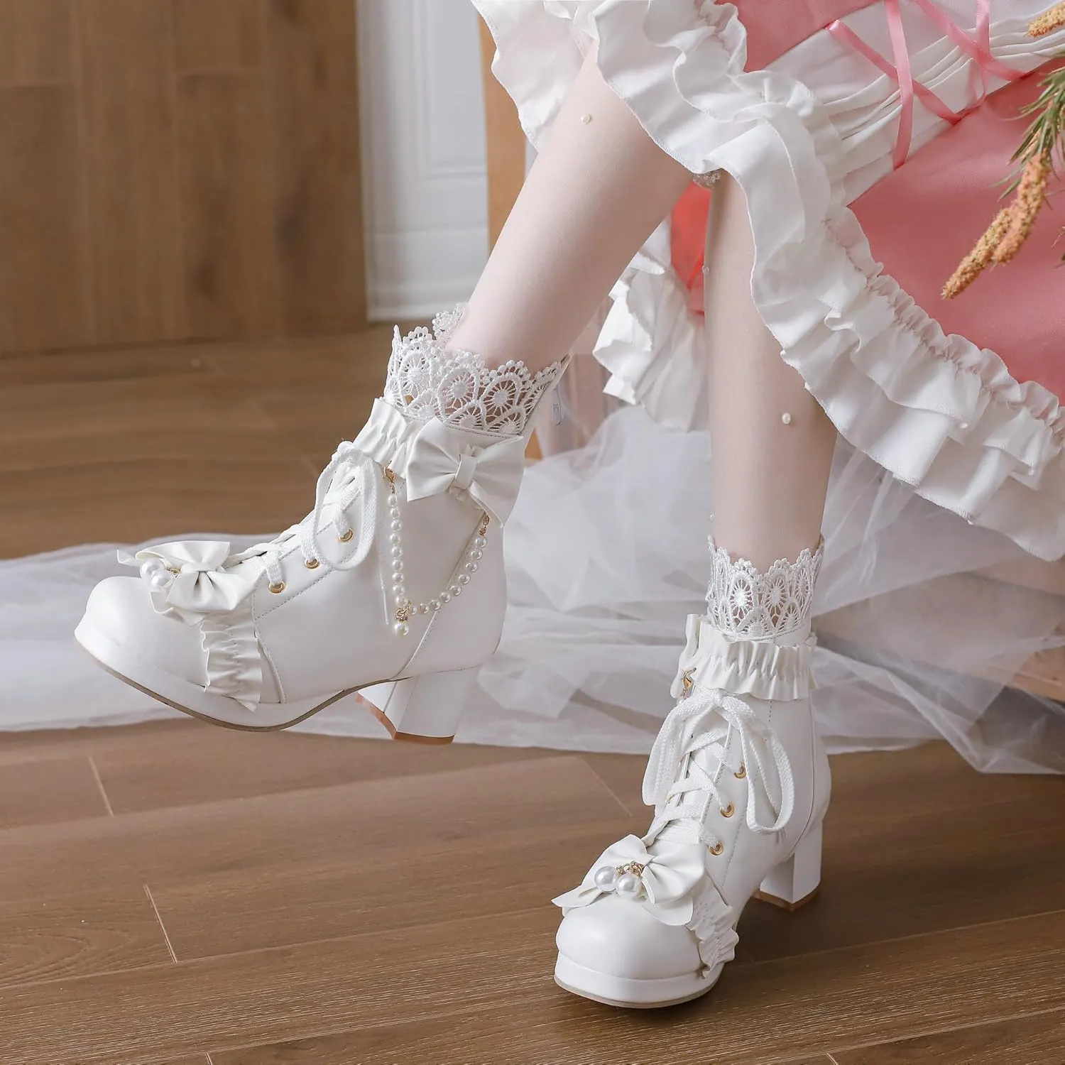 Parisuit Womens Cute Pearl Bow Goth Lolita Boots Chunky Heel Ankle Boots Platform Lace Up Booties Sweet Lace Cosplay Shoes
