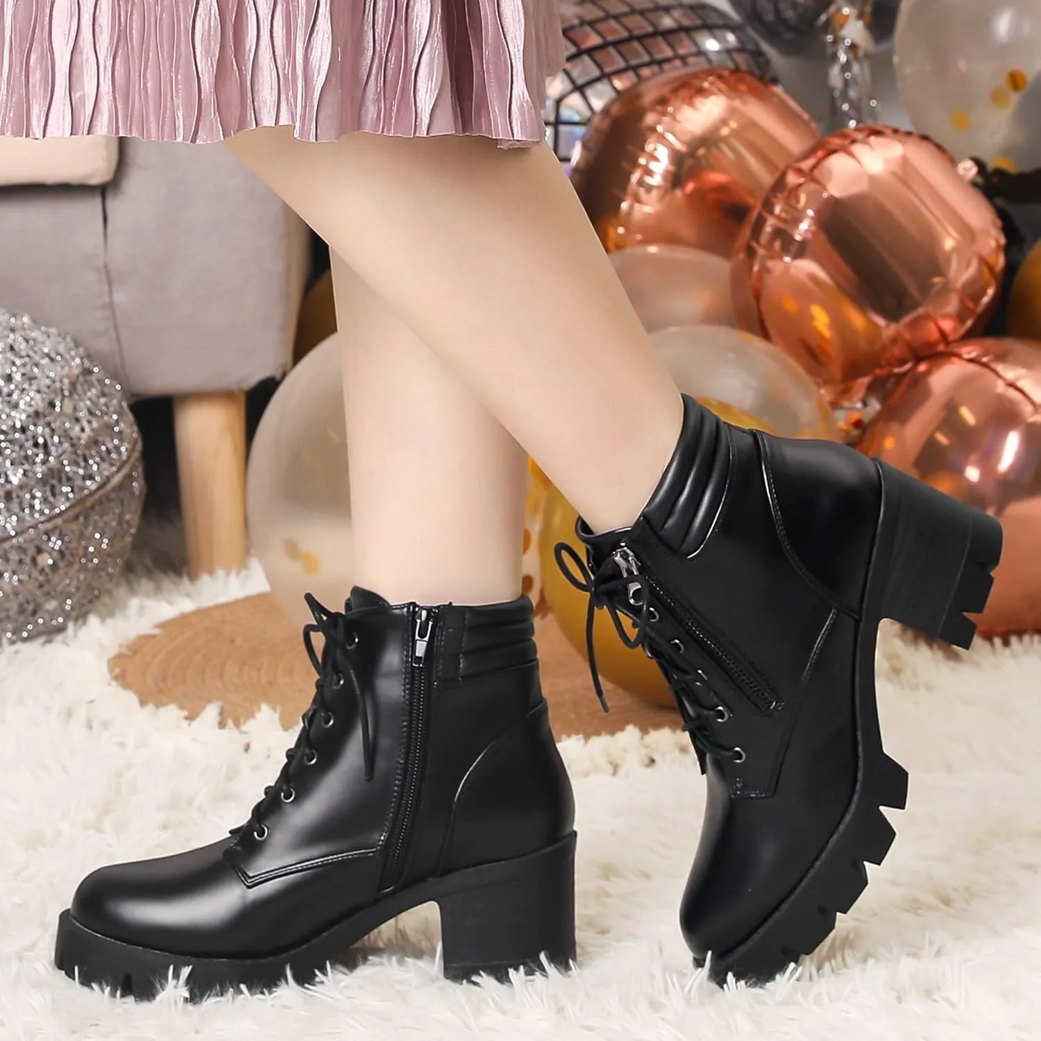 Perphy Platform Ankle Boots Lace Up Chunky Heel Combat Boots for Women