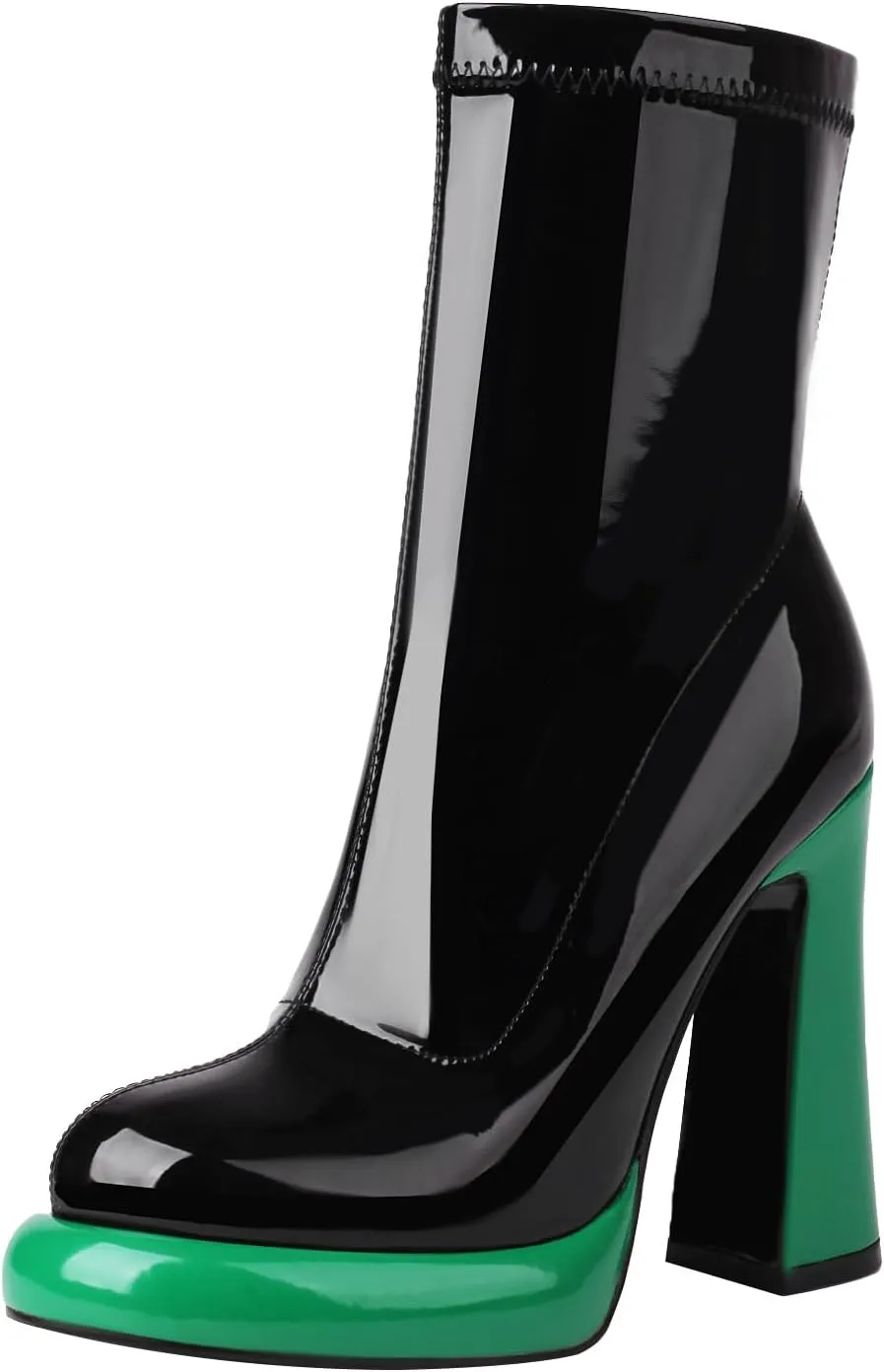 Platform Ankle Boots for Women Mid Calf Chunky High Heel Round Toe Booties Side Zipper Boots