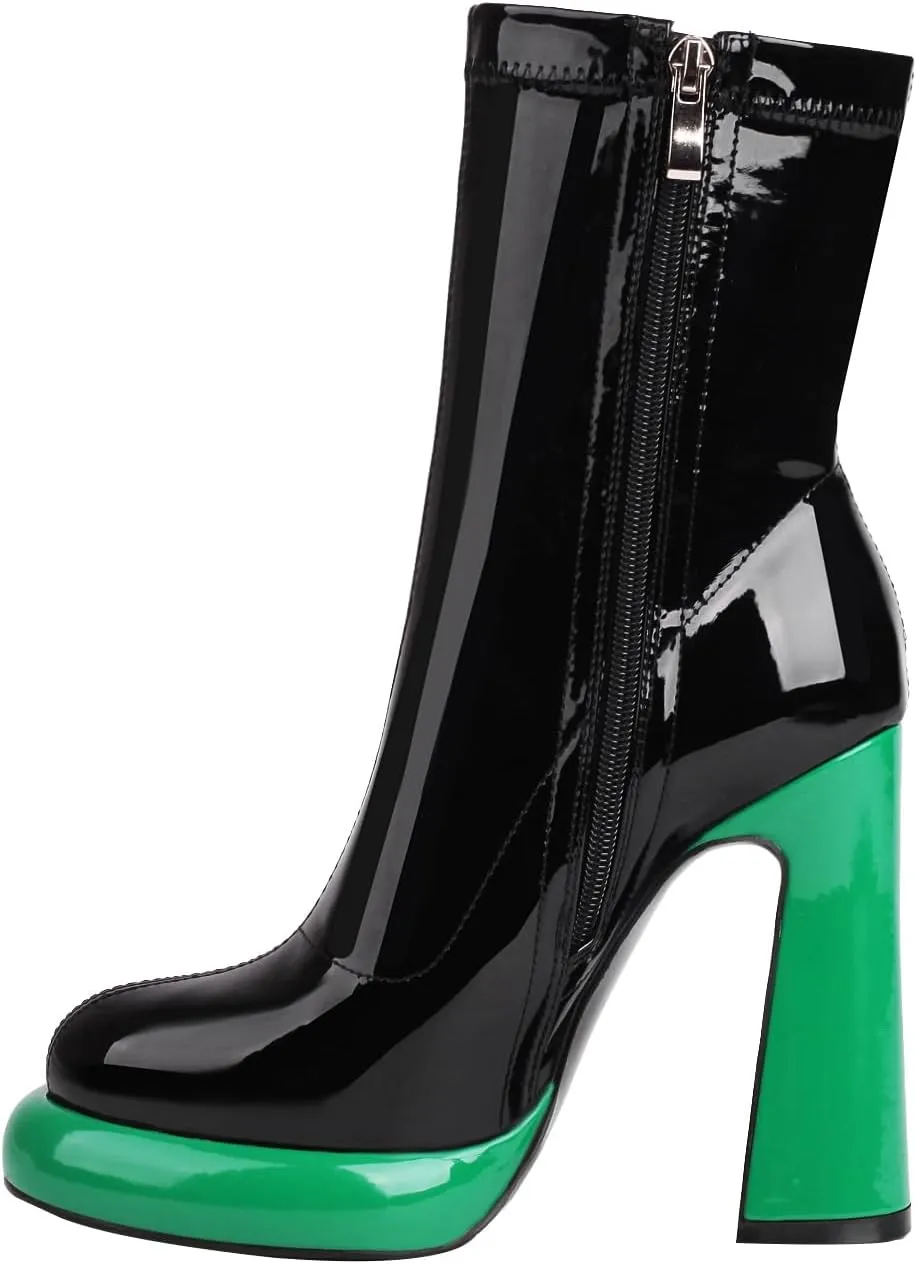 Platform Ankle Boots for Women Mid Calf Chunky High Heel Round Toe Booties Side Zipper Boots