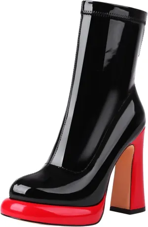 Platform Ankle Boots for Women Mid Calf Chunky High Heel Round Toe Booties Side Zipper Boots