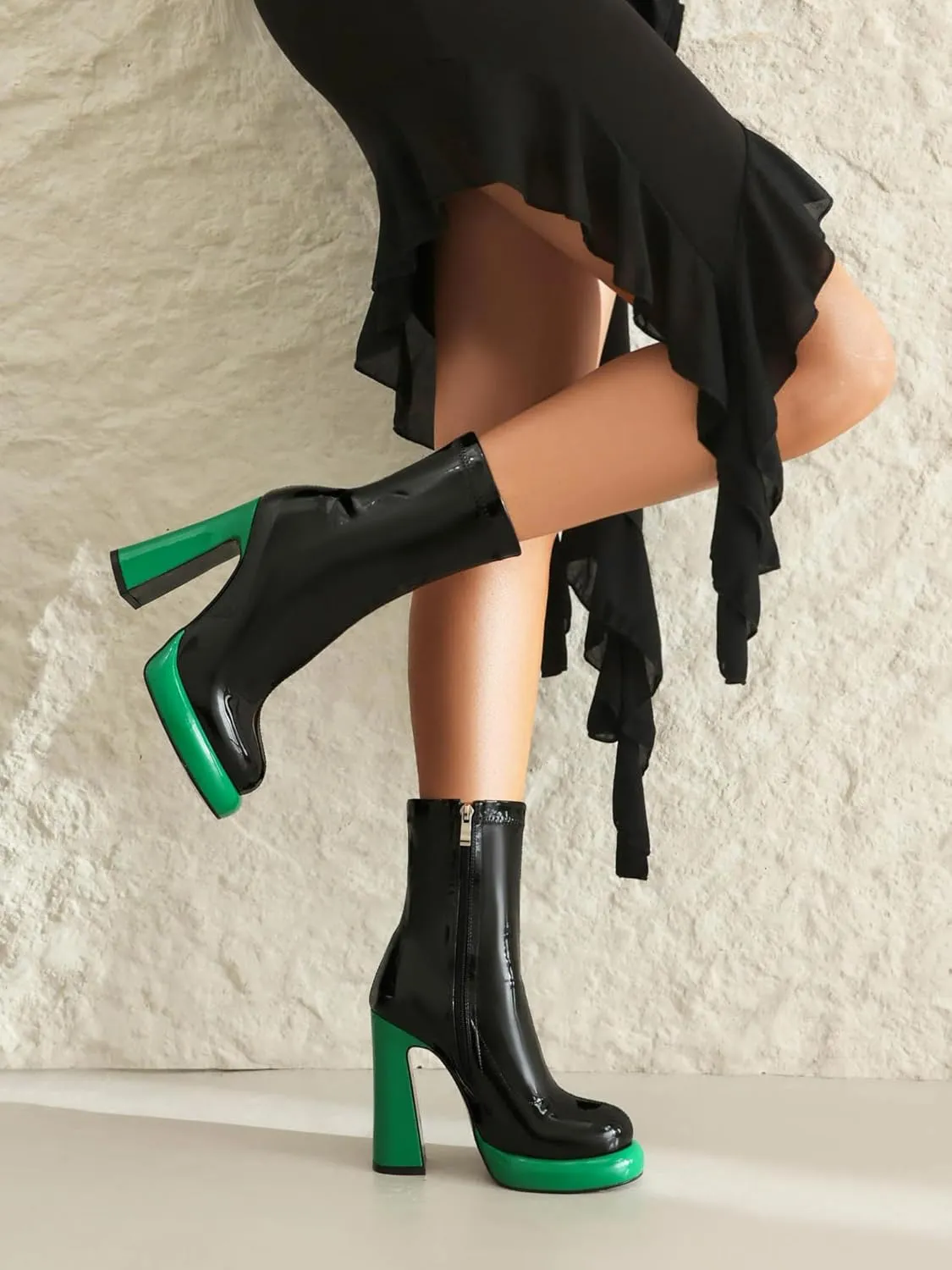 Platform Ankle Boots for Women Mid Calf Chunky High Heel Round Toe Booties Side Zipper Boots