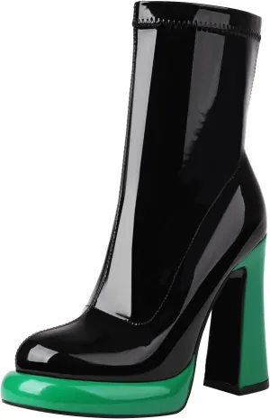 Platform Ankle Boots for Women Mid Calf Chunky High Heel Round Toe Booties Side Zipper Boots