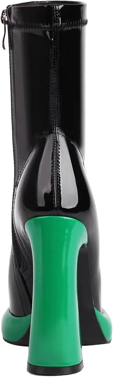 Platform Ankle Boots for Women Mid Calf Chunky High Heel Round Toe Booties Side Zipper Boots