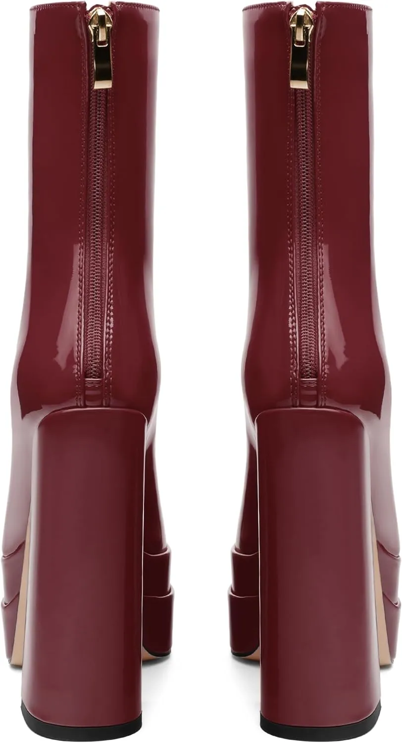 Platform Mid Calf Boots for Women Chunky High Heel Pointed Toe Boots Patent Side Zipper Short Boots