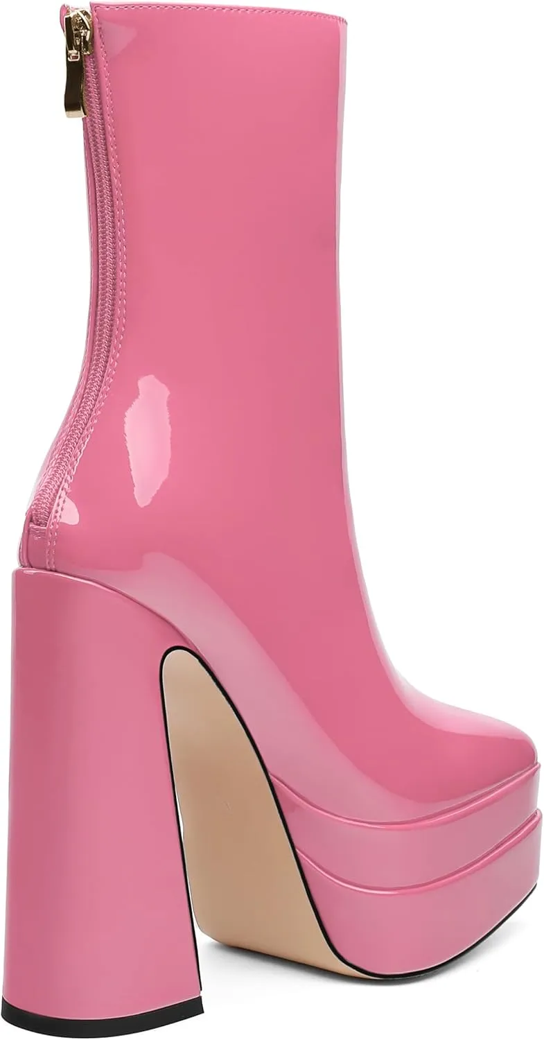 Platform Mid Calf Boots for Women Chunky High Heel Pointed Toe Boots Patent Side Zipper Short Boots