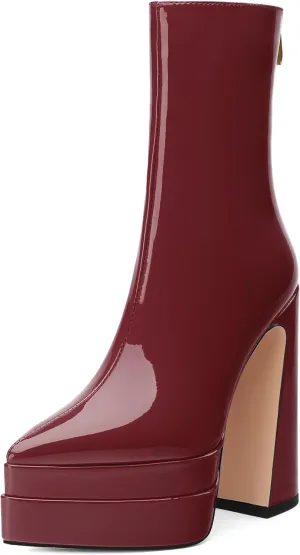 Platform Mid Calf Boots for Women Chunky High Heel Pointed Toe Boots Patent Side Zipper Short Boots