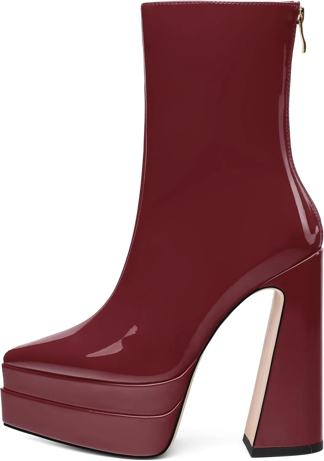 Platform Mid Calf Boots for Women Chunky High Heel Pointed Toe Boots Patent Side Zipper Short Boots