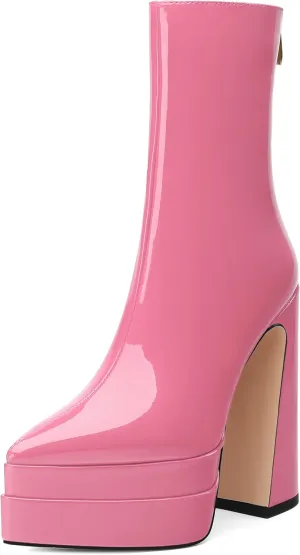 Platform Mid Calf Boots for Women Chunky High Heel Pointed Toe Boots Patent Side Zipper Short Boots