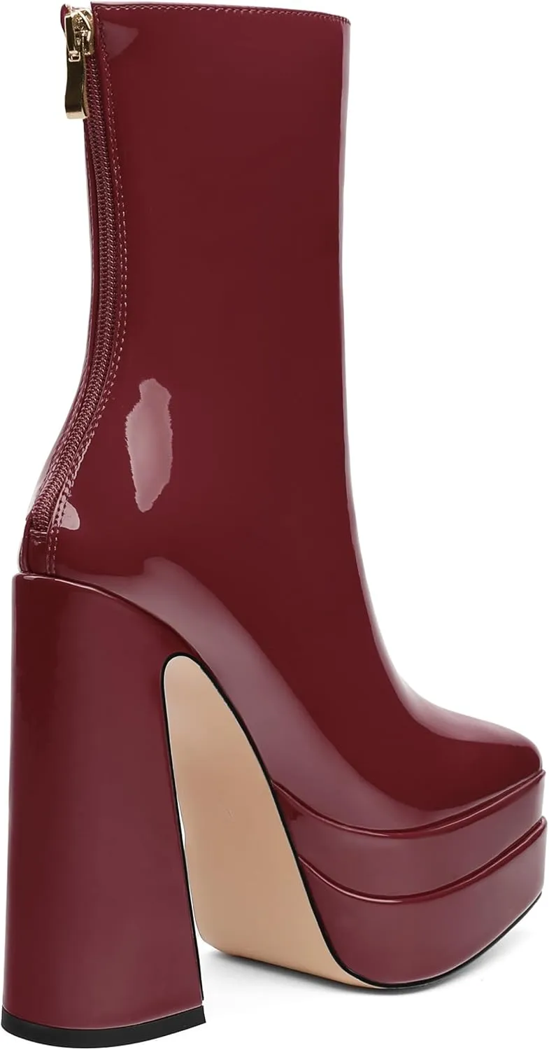Platform Mid Calf Boots for Women Chunky High Heel Pointed Toe Boots Patent Side Zipper Short Boots