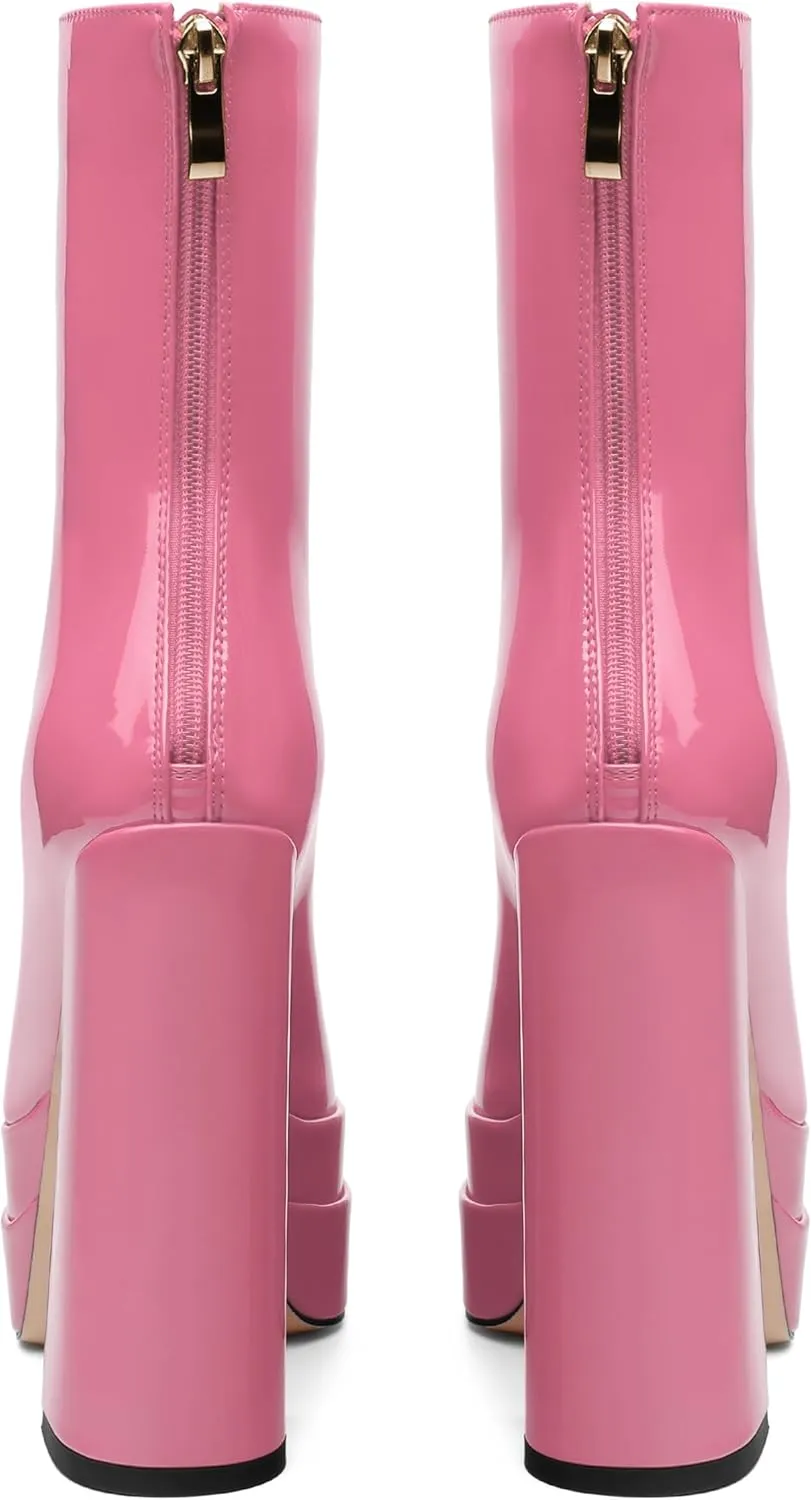 Platform Mid Calf Boots for Women Chunky High Heel Pointed Toe Boots Patent Side Zipper Short Boots