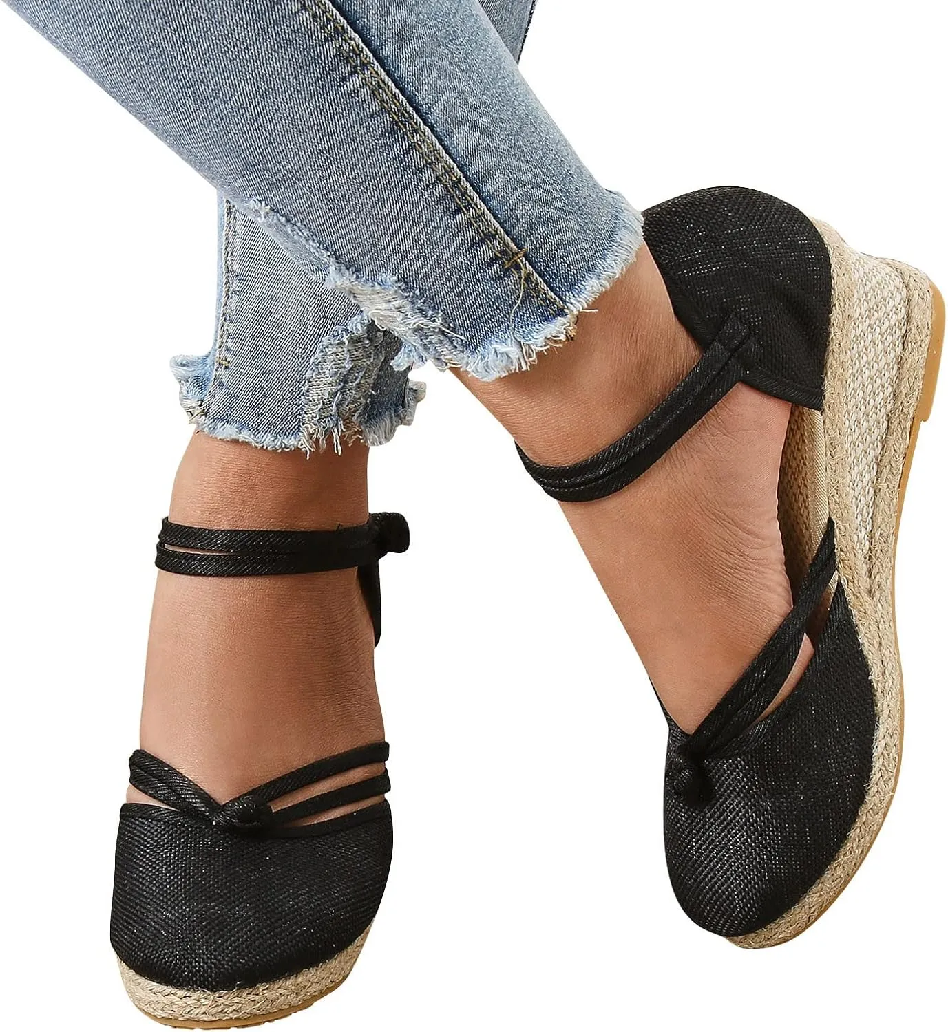 Platform Wedge Sandals for Women,Espadrille Sandals for Women Summer Dressy 2024 Closed Toe Ankle Strap Wedge Heels Sandals Comfortable Anti Slip Beach Boho Orthopedic Sandals Casual Canvas Sandals