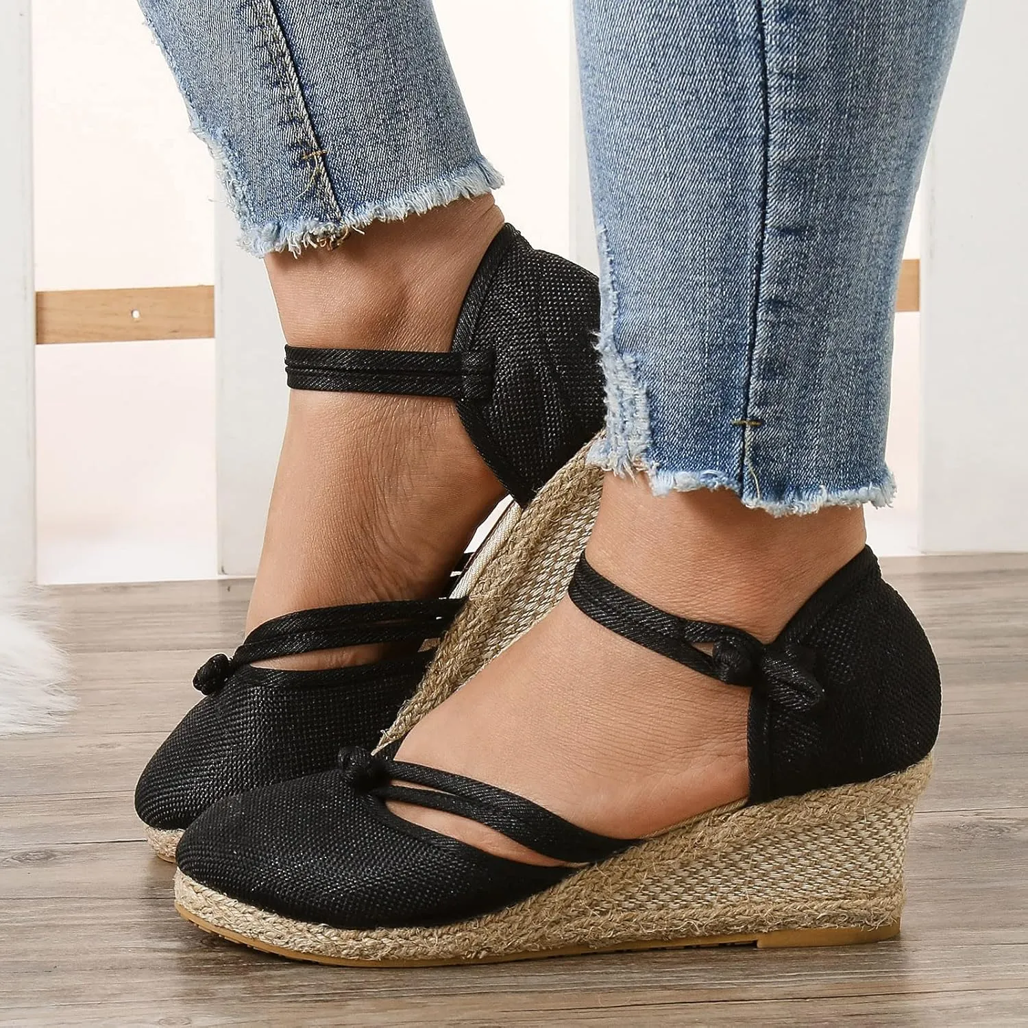 Platform Wedge Sandals for Women,Espadrille Sandals for Women Summer Dressy 2024 Closed Toe Ankle Strap Wedge Heels Sandals Comfortable Anti Slip Beach Boho Orthopedic Sandals Casual Canvas Sandals