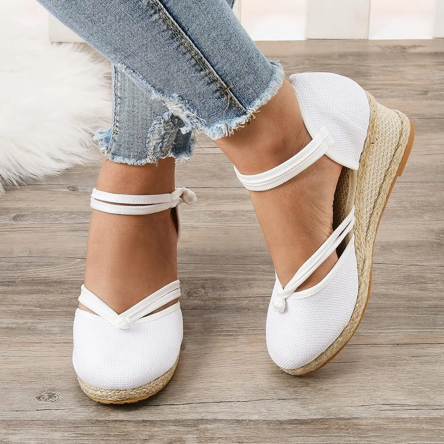Platform Wedge Sandals for Women,Espadrille Sandals for Women Summer Dressy 2024 Closed Toe Ankle Strap Wedge Heels Sandals Comfortable Anti Slip Beach Boho Orthopedic Sandals Casual Canvas Sandals
