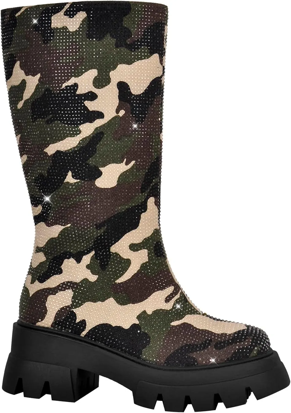 richealnini Women's Rhinestones Mid Calf Boots with Zippers Pull On Track Sole Platform Military Combat Boots