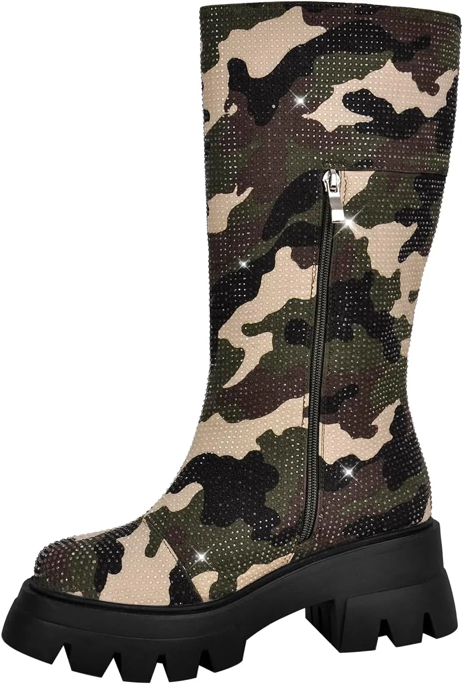 richealnini Women's Rhinestones Mid Calf Boots with Zippers Pull On Track Sole Platform Military Combat Boots