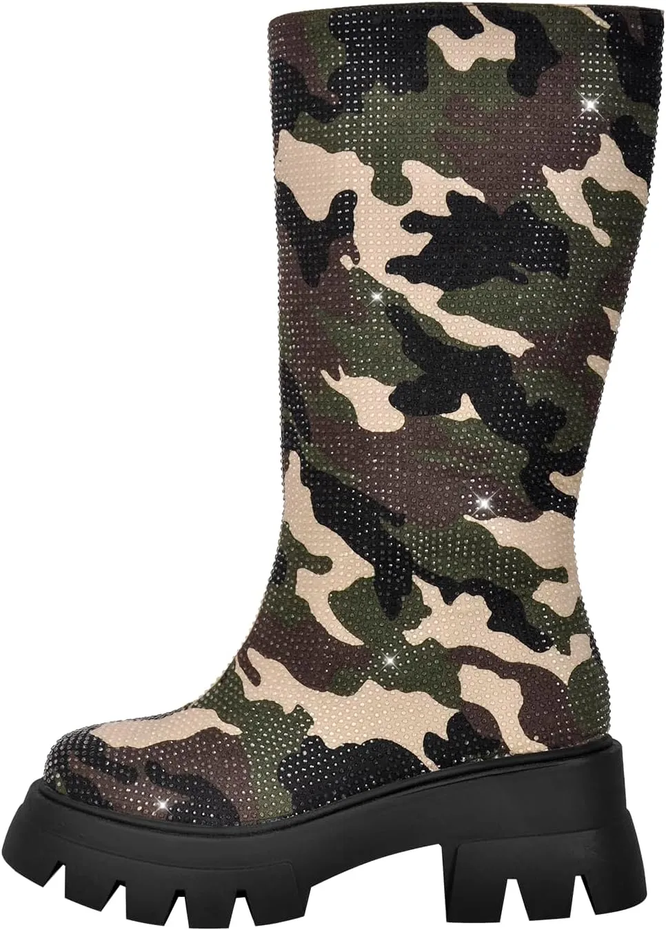 richealnini Women's Rhinestones Mid Calf Boots with Zippers Pull On Track Sole Platform Military Combat Boots