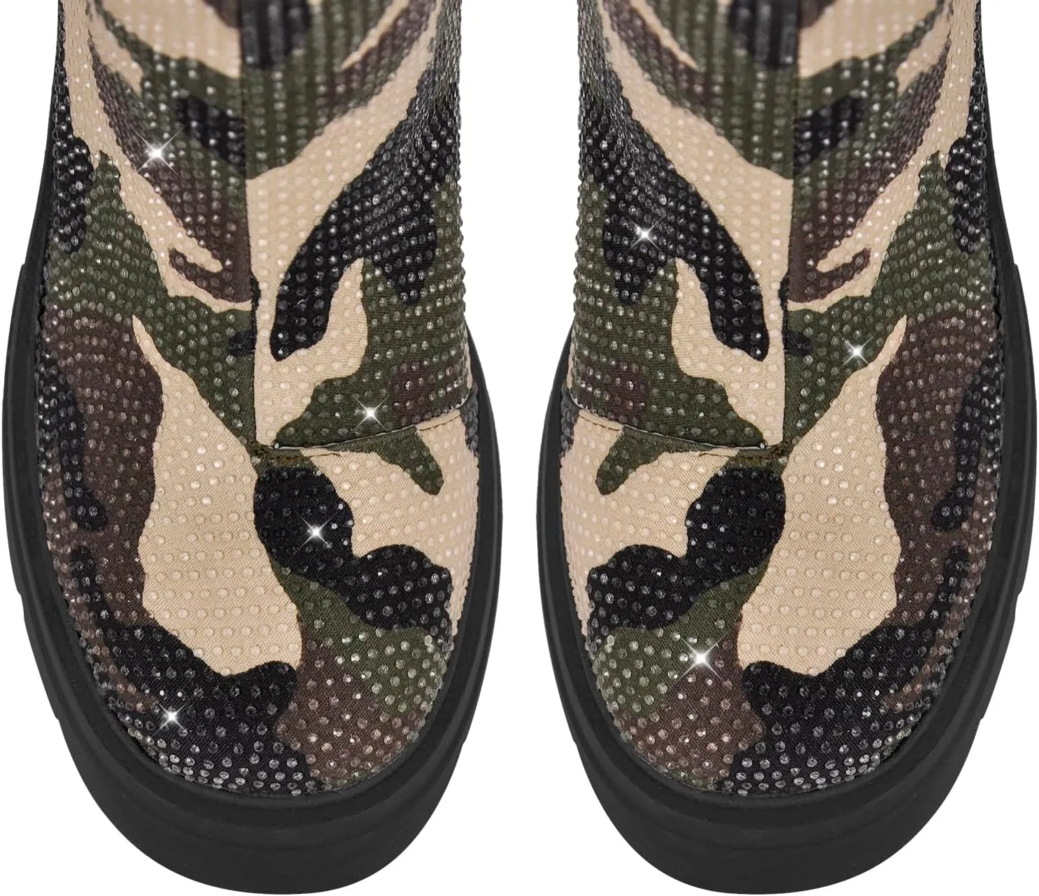 richealnini Women's Rhinestones Mid Calf Boots with Zippers Pull On Track Sole Platform Military Combat Boots