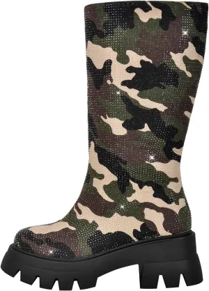 richealnini Women's Rhinestones Mid Calf Boots with Zippers Pull On Track Sole Platform Military Combat Boots