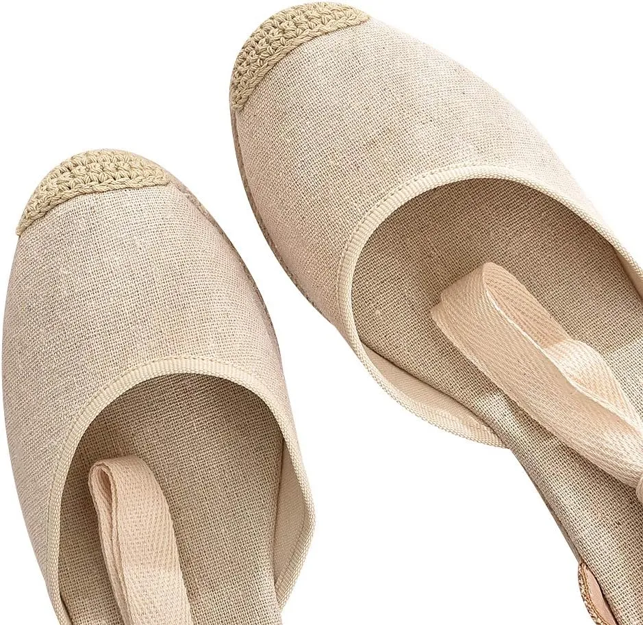 rismart Women's Ankle Tie Espadrilles Wedge Closed Toe Canvas Sandals