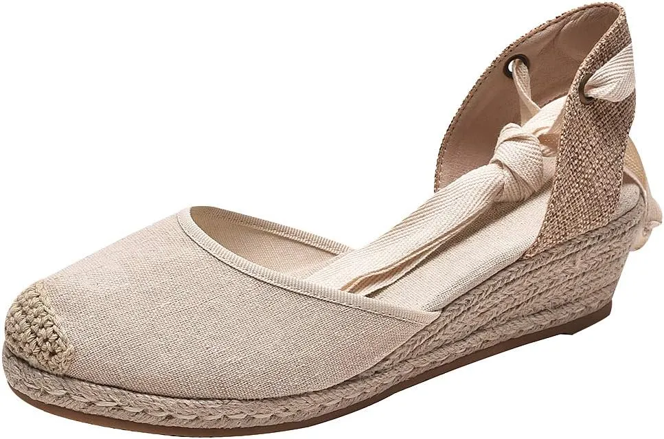 rismart Women's Ankle Tie Espadrilles Wedge Closed Toe Canvas Sandals