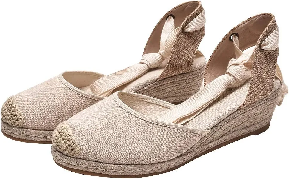 rismart Women's Ankle Tie Espadrilles Wedge Closed Toe Canvas Sandals