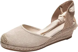 rismart Women's Ankle Tie Espadrilles Wedge Closed Toe Canvas Sandals
