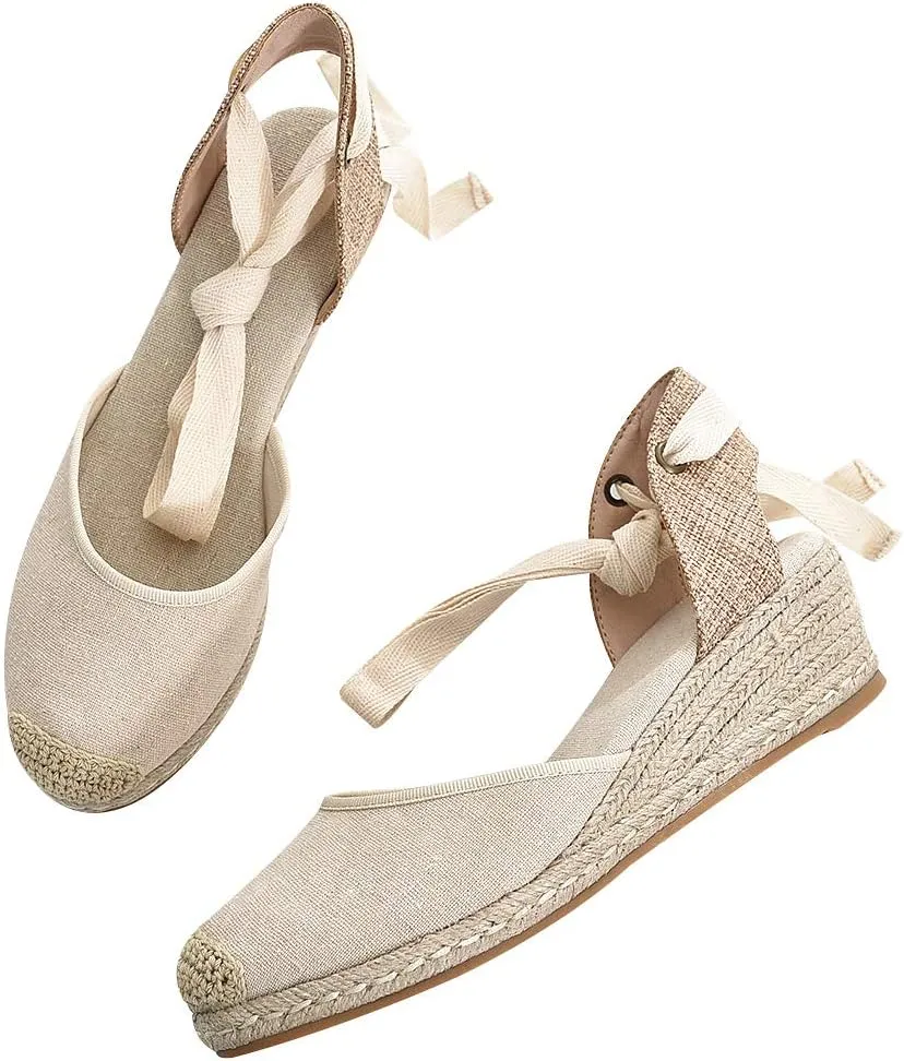 rismart Women's Ankle Tie Espadrilles Wedge Closed Toe Canvas Sandals