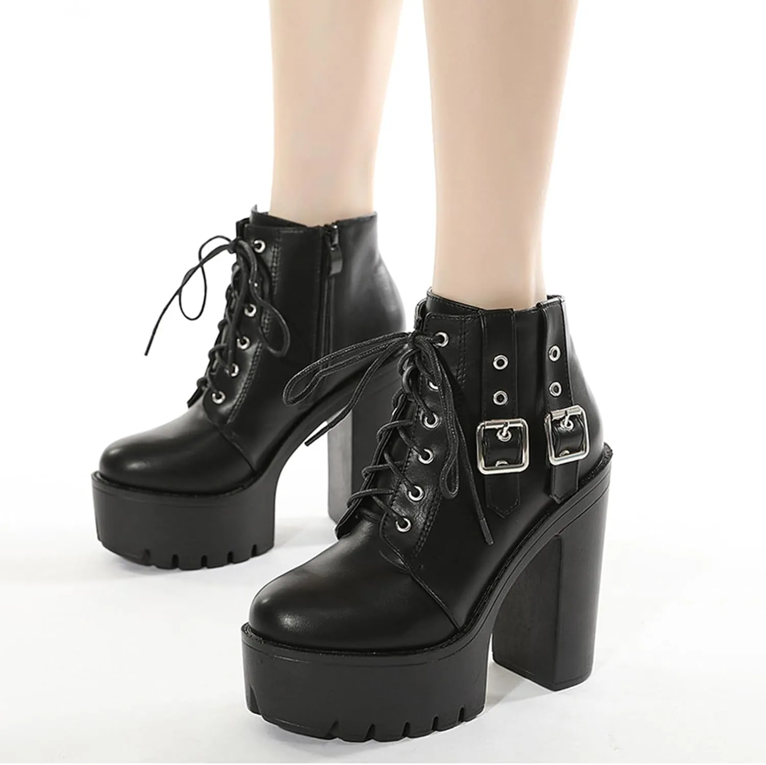 Roimaash Stylish Platform Ankle Boots Chunky Heels Goth Booties