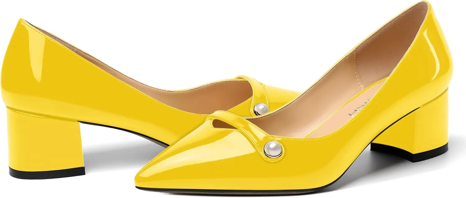 ROSERWISH Womens Party Dress Slip On Patent Pointed Toe Chunky Low Heel Pumps Shoes 2 Inch