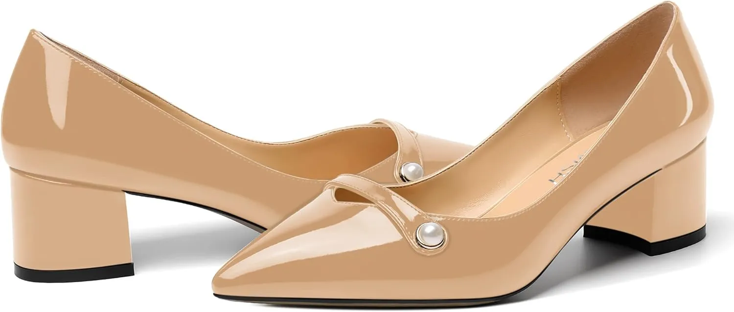 ROSERWISH Womens Party Dress Slip On Patent Pointed Toe Chunky Low Heel Pumps Shoes 2 Inch