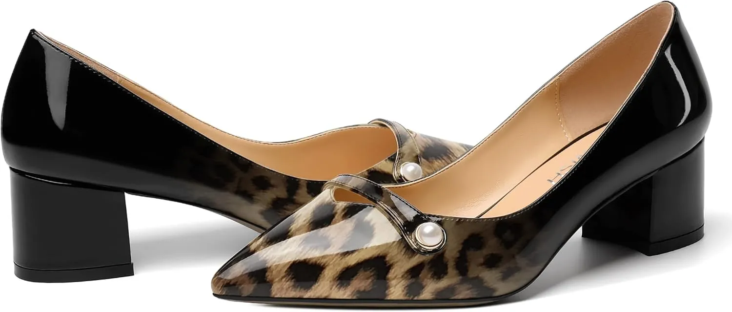 ROSERWISH Womens Party Dress Slip On Patent Pointed Toe Chunky Low Heel Pumps Shoes 2 Inch