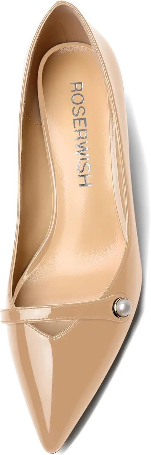 ROSERWISH Womens Party Dress Slip On Patent Pointed Toe Chunky Low Heel Pumps Shoes 2 Inch