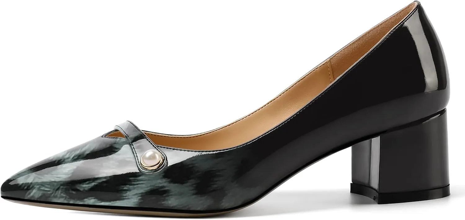 ROSERWISH Womens Party Dress Slip On Patent Pointed Toe Chunky Low Heel Pumps Shoes 2 Inch