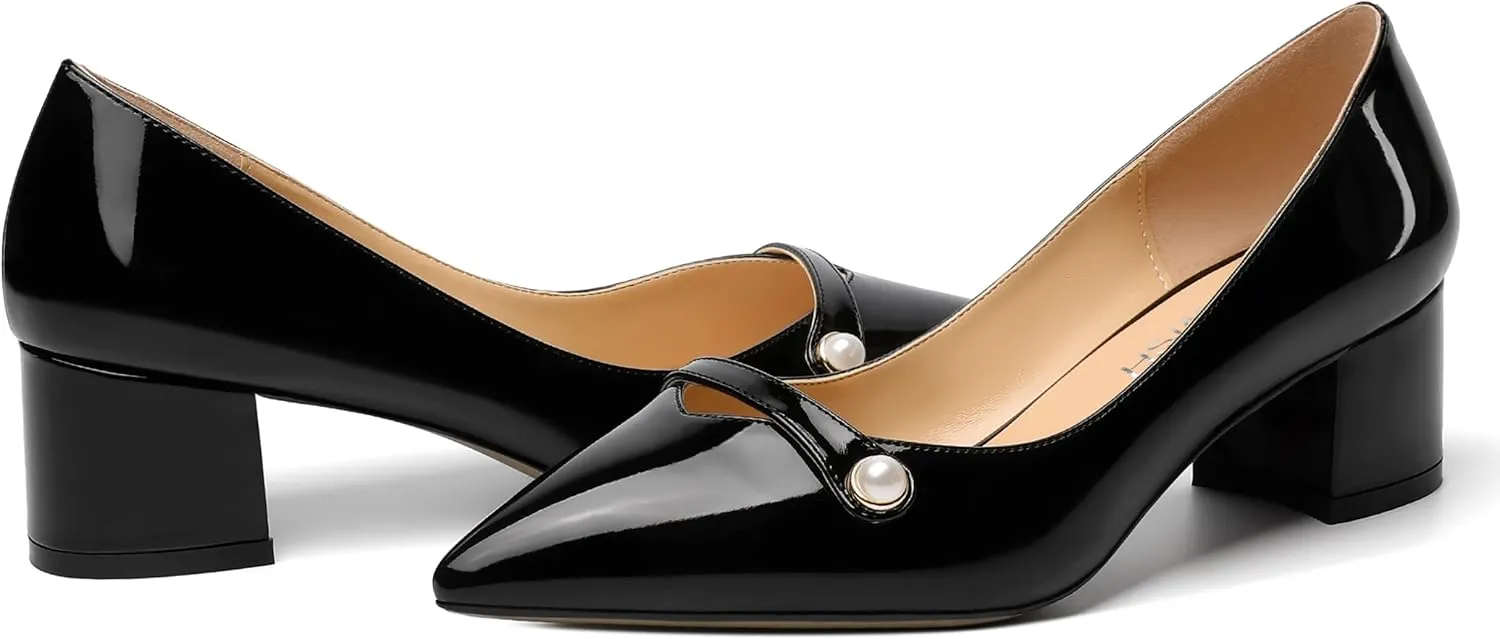 ROSERWISH Womens Party Dress Slip On Patent Pointed Toe Chunky Low Heel Pumps Shoes 2 Inch