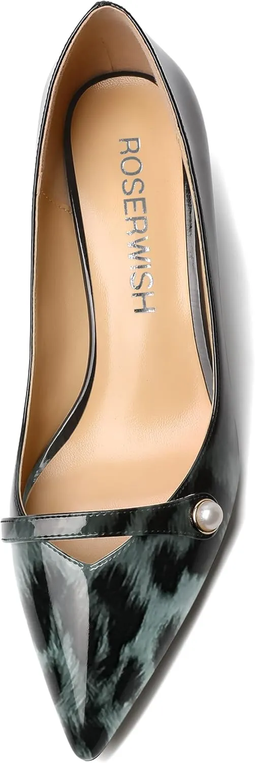 ROSERWISH Womens Party Dress Slip On Patent Pointed Toe Chunky Low Heel Pumps Shoes 2 Inch