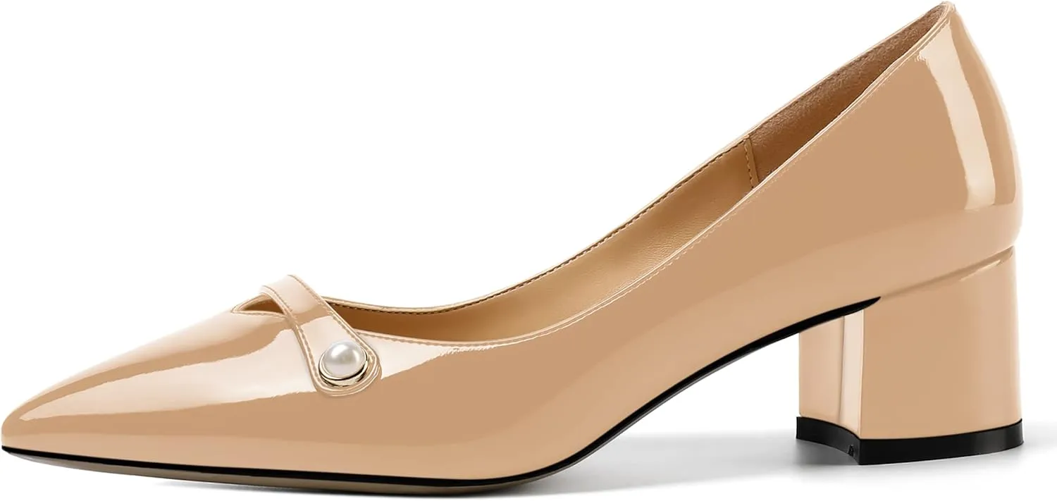 ROSERWISH Womens Party Dress Slip On Patent Pointed Toe Chunky Low Heel Pumps Shoes 2 Inch