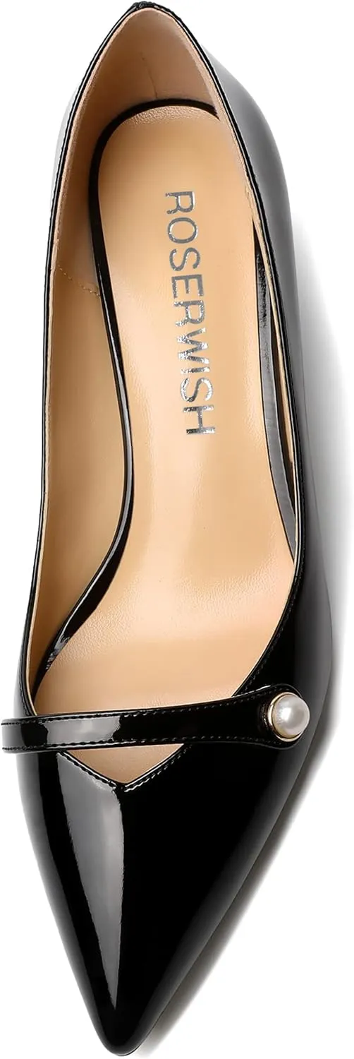 ROSERWISH Womens Party Dress Slip On Patent Pointed Toe Chunky Low Heel Pumps Shoes 2 Inch