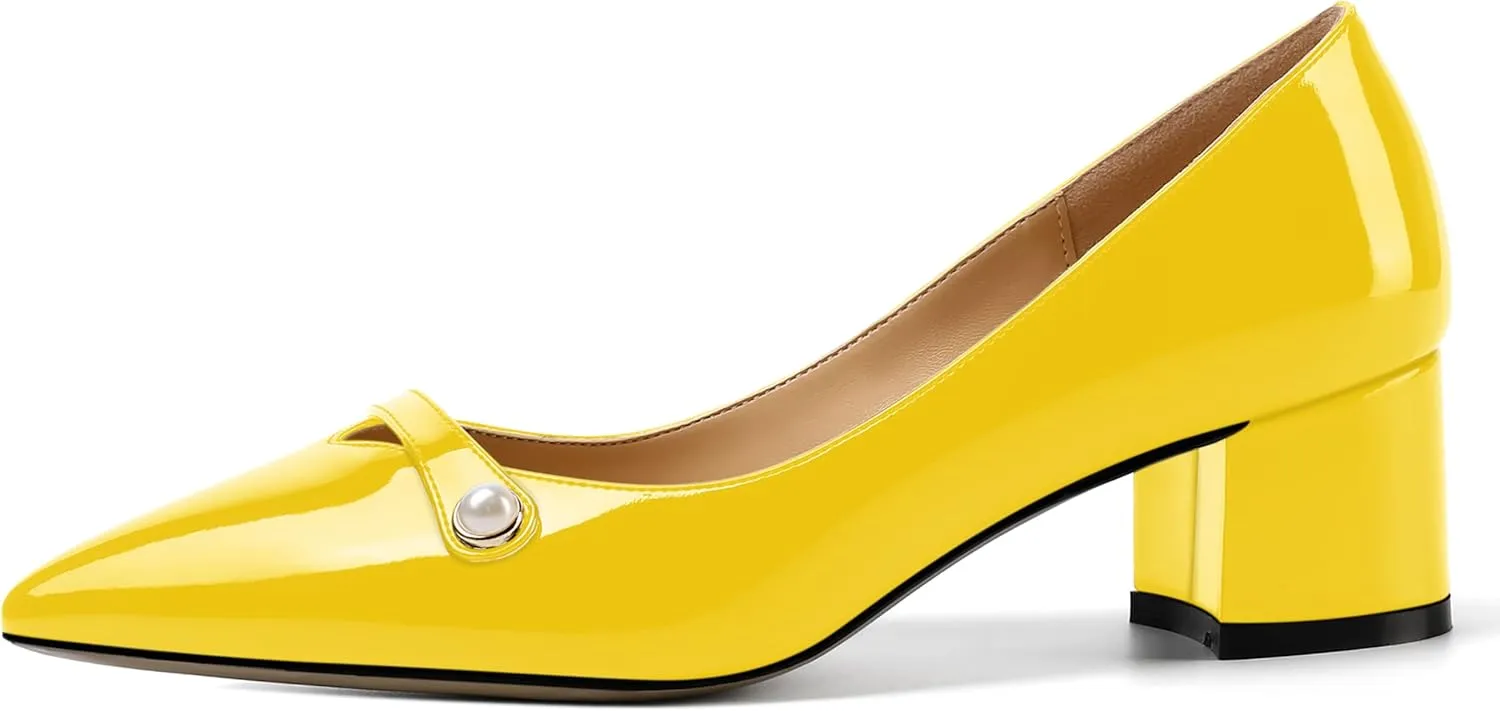 ROSERWISH Womens Party Dress Slip On Patent Pointed Toe Chunky Low Heel Pumps Shoes 2 Inch