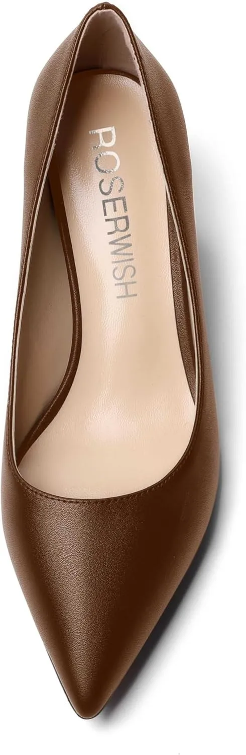 ROSERWISH Womens Pointed Toe Office Casual Elegant Matte Slip On Spool Kitten Low Heel Pumps Shoes 2 Inch