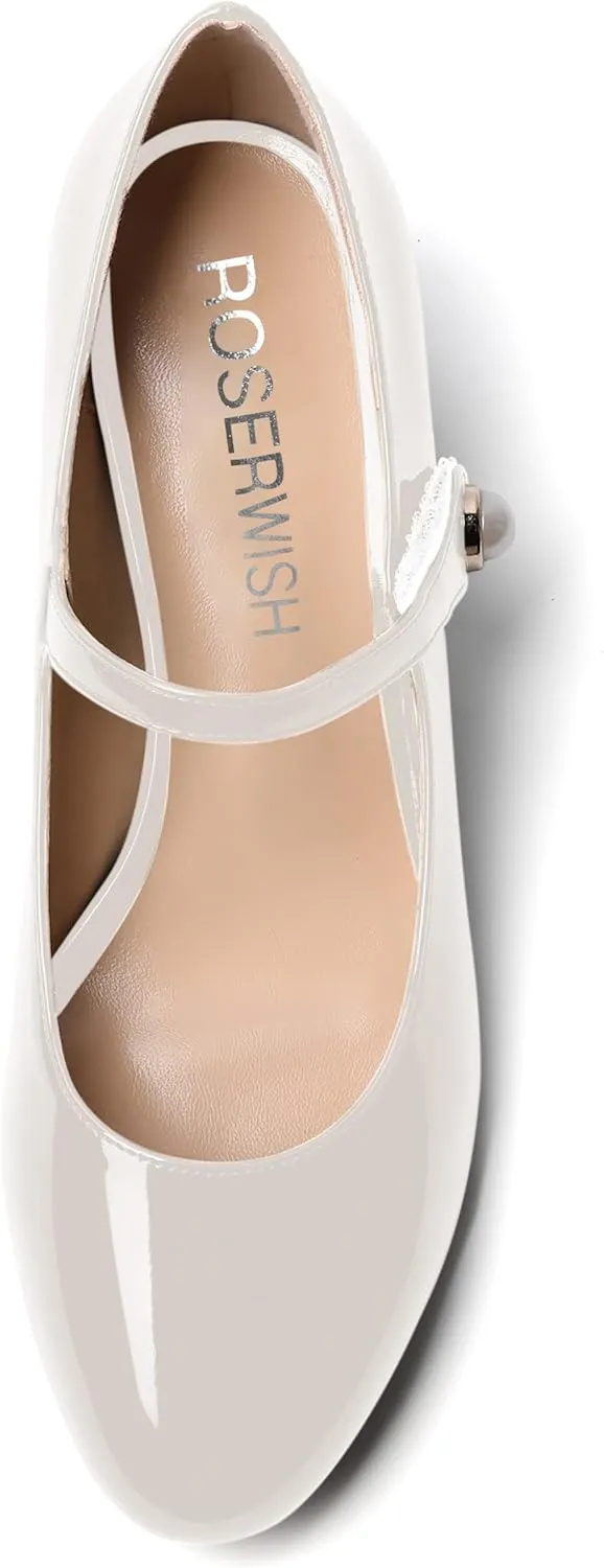 ROSERWISH Womens Strap Patent Ankle Strap Uniform Cute Round Toe Chunky Low Heel Pumps Shoes 2 Inch
