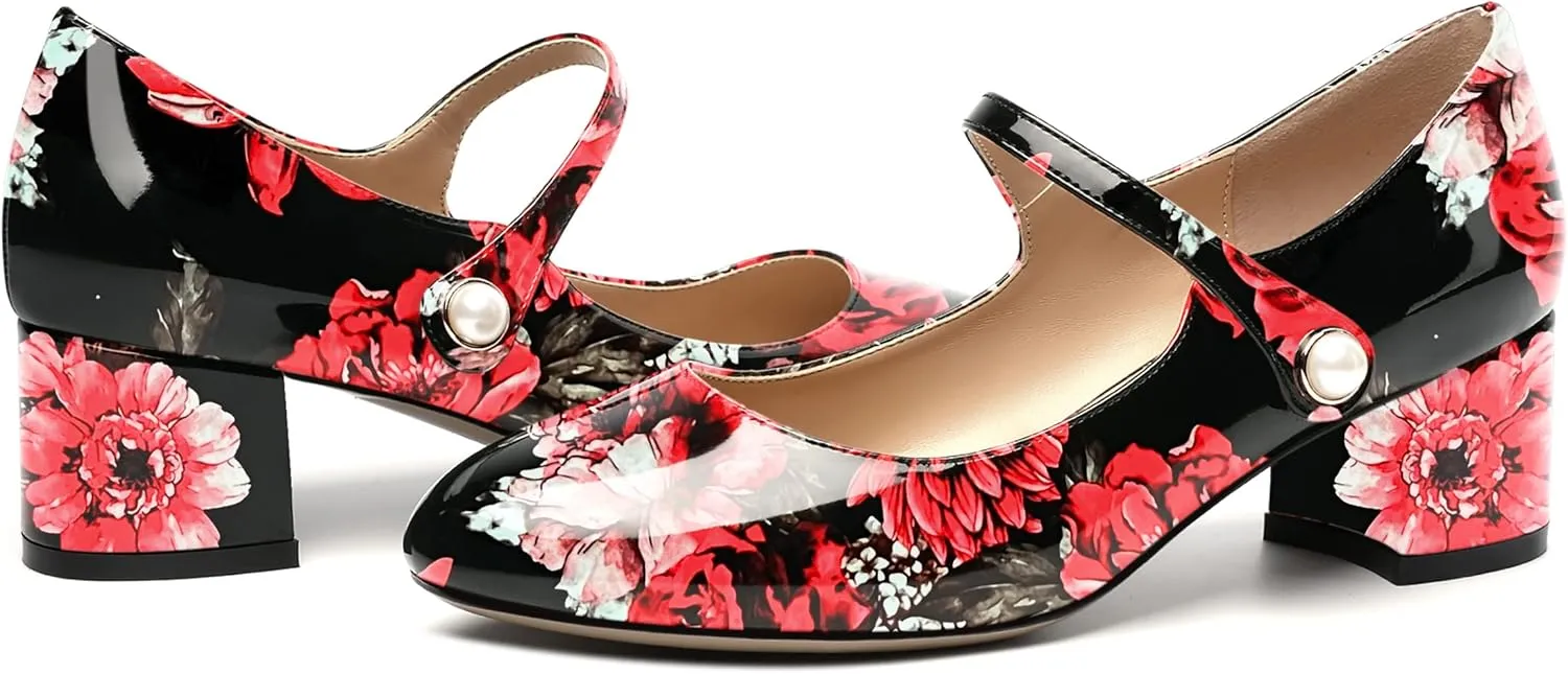 ROSERWISH Womens Strap Patent Ankle Strap Uniform Cute Round Toe Chunky Low Heel Pumps Shoes 2 Inch