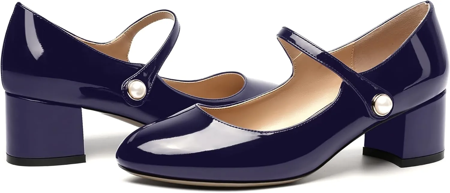 ROSERWISH Womens Strap Patent Ankle Strap Uniform Cute Round Toe Chunky Low Heel Pumps Shoes 2 Inch