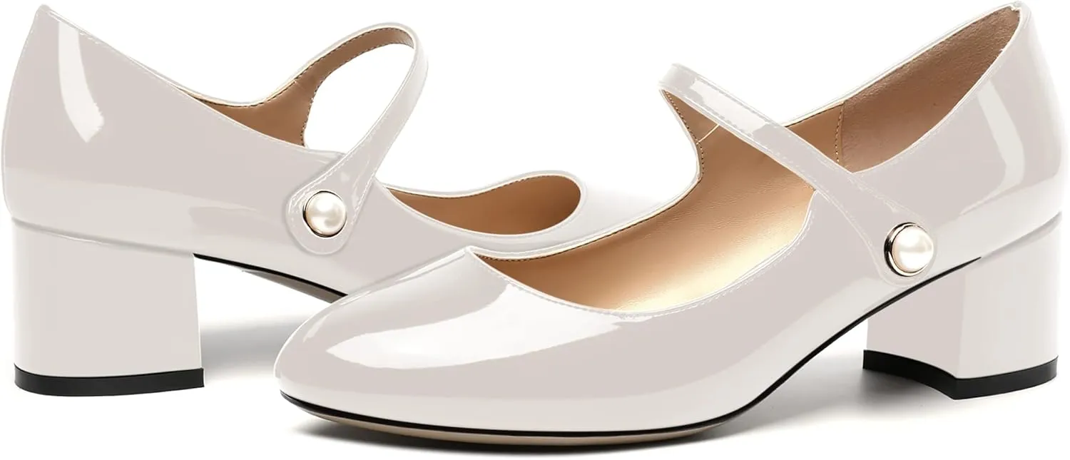 ROSERWISH Womens Strap Patent Ankle Strap Uniform Cute Round Toe Chunky Low Heel Pumps Shoes 2 Inch