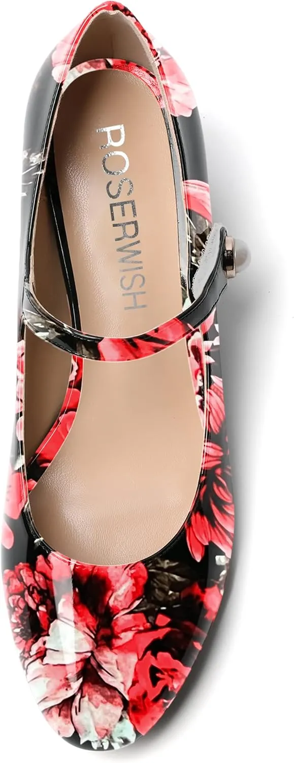 ROSERWISH Womens Strap Patent Ankle Strap Uniform Cute Round Toe Chunky Low Heel Pumps Shoes 2 Inch