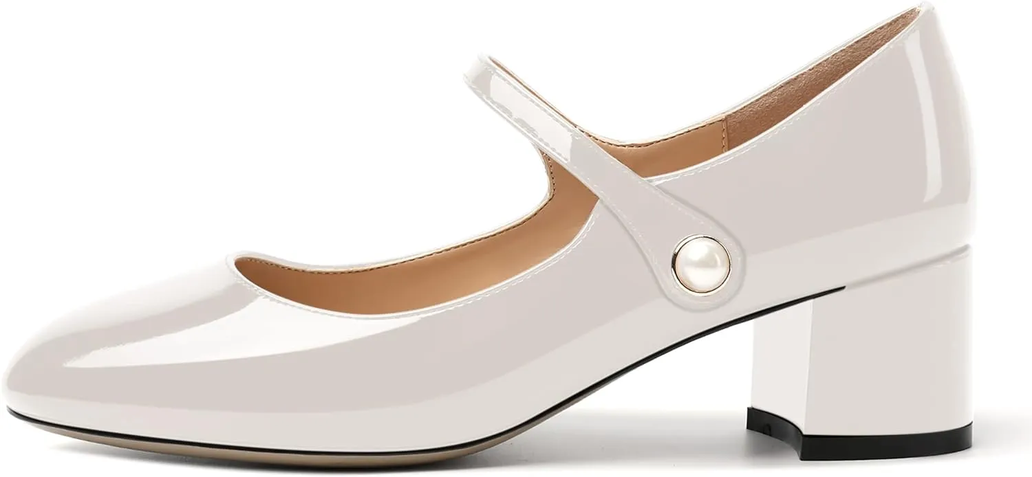 ROSERWISH Womens Strap Patent Ankle Strap Uniform Cute Round Toe Chunky Low Heel Pumps Shoes 2 Inch