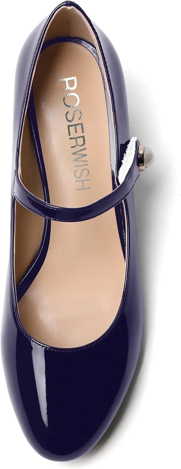 ROSERWISH Womens Strap Patent Ankle Strap Uniform Cute Round Toe Chunky Low Heel Pumps Shoes 2 Inch